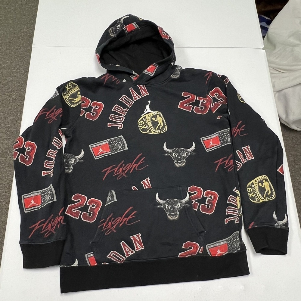 Jordan Brand Hoodie Boys XL Black Excellent All Over Print Chicago Bulls Flight